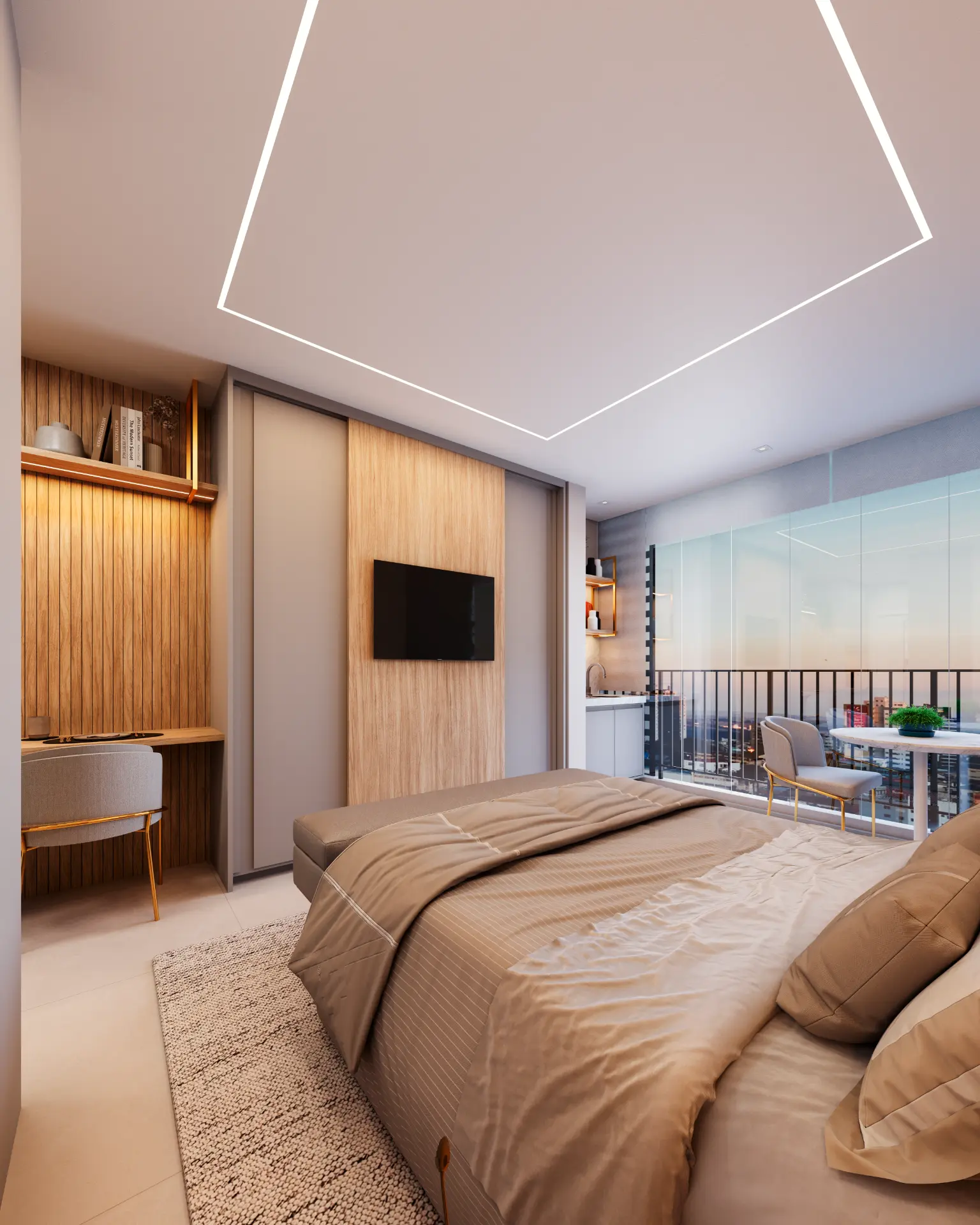 Studio integrado com home office, TV e varanda envidraçada