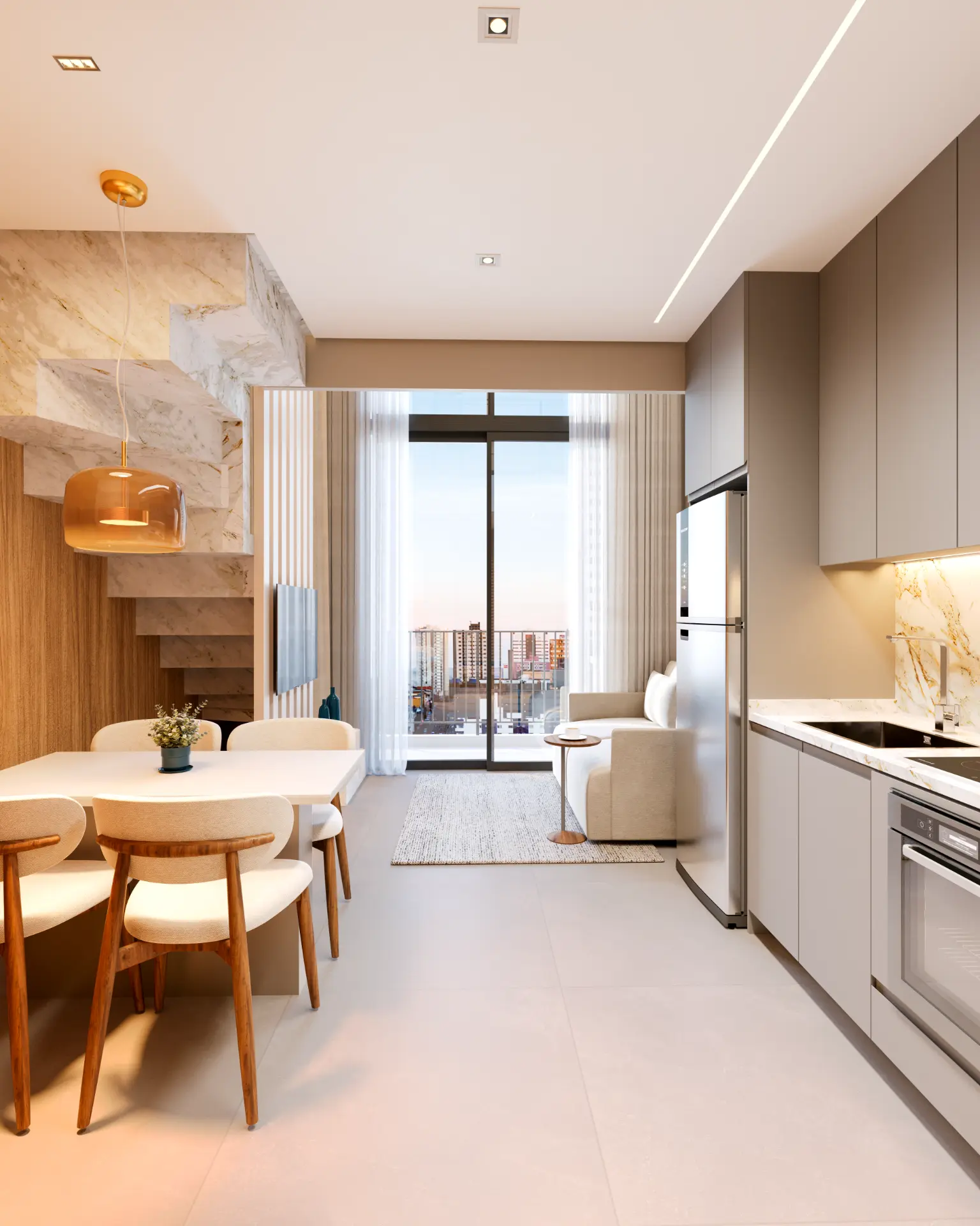 Living e cozinha do loft duplex com vista para a cidade