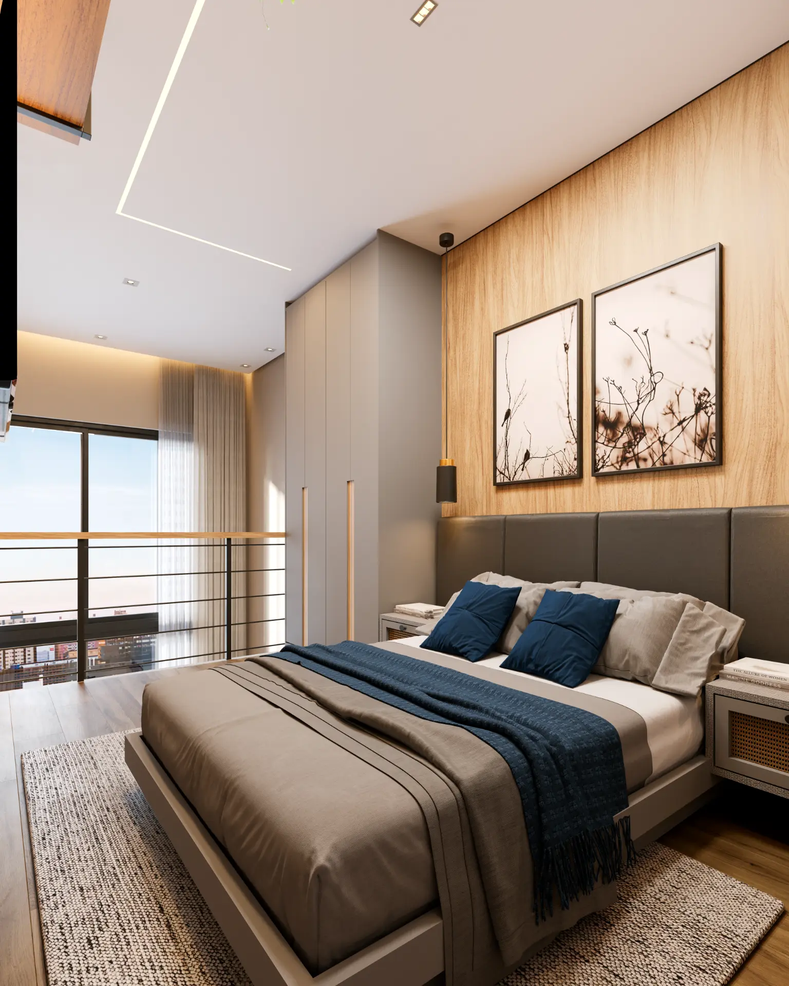 Suíte no mezanino do loft duplex com painel de madeira