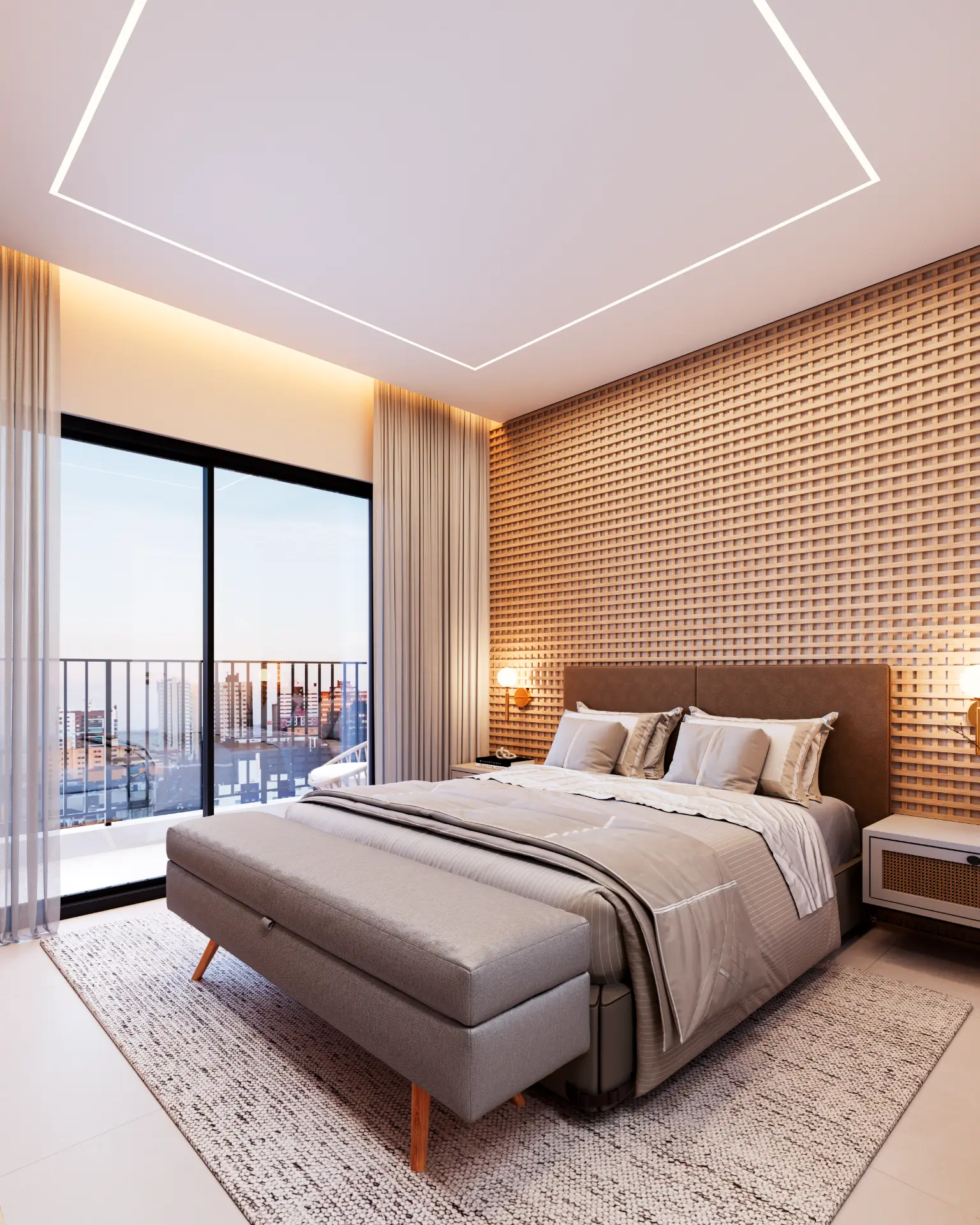 Studio do MK Vila Clementino com cama, painel ripado e varanda